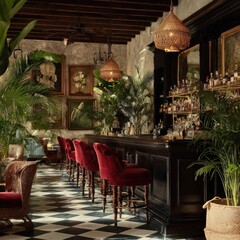 Empty bar area, tropical decor, nobody, drinks, bottles on shelves, interior design