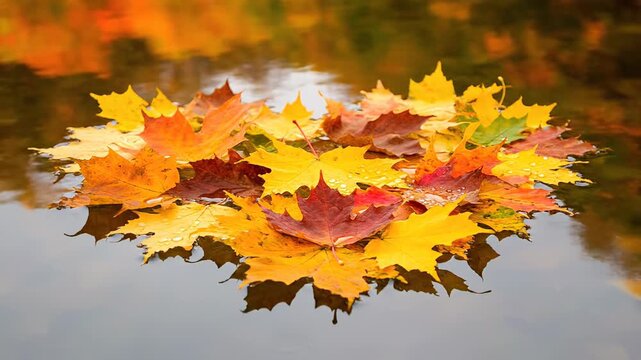 Gorgeous fall scenic backdrop featuring golden and crimson maple leaves gently drifting on the serene water, mirroring the vibrant autumn landscape - Powered by Adobe