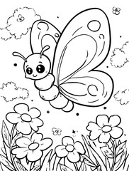 A cute butterfly with flower in the meadow coloring page