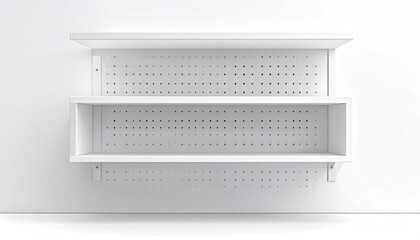 Empty white shelves on a white wall for storage or display. Minimal background