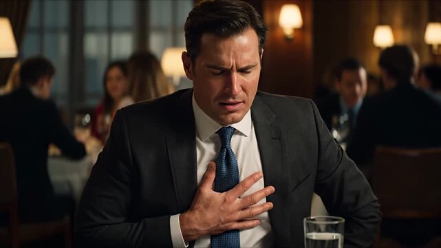 Anxious man of Caucasian descent in formal attire is holding his chest in discomfort, experiencing a sudden jolt of pain. He is having a heart attack while eating by himself