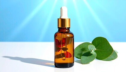 Essence in bottle with leaf on white surface for skincare product with light background