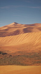 A vast desert landscape under a clear sky with a towering mountain in the far background.