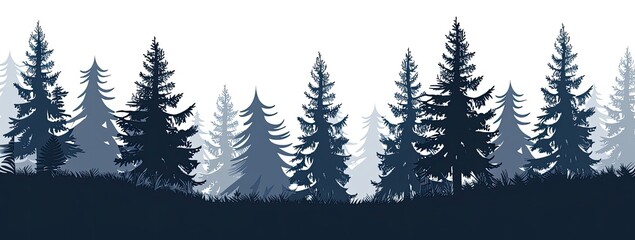 Evergreen trees silhouette in forest, for nature and winter scene elements