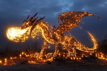 Obraz premium Majestic dragon illuminates the night sky with waves of light, transforming darkness into radiant day