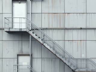 Exterior view of a metal building with a prominent external metal staircase and two doors, showing signs of weathering and age on the facade