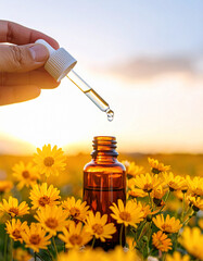Alpine Arnica – Alaska Alaskan floral, flower remedy, Amber glass bottle  glass dropper pipette dropping a drop essence, nature