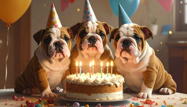 Three bulldog puppies in party hats behind birthday cake with lit candles, balloons, and confetti—evoking joy, charm, and the playful choreography of celebration, whimsy, and togetherness.