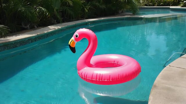 Inflatable flamingo pool float drifting in a crystal-clear swimming pool, bright summer setting, vibrant colors, soft reflections on water
