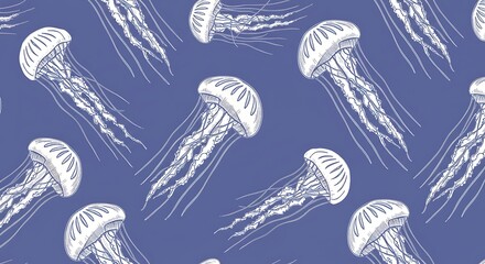Seamless pattern of marine jellyfish in a repeating layout on a blue background