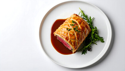 Beef Wellington served on a minimalist plate