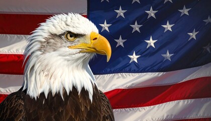 Bald eagle in foreground with American flag in background&mdash;evoking strength, freedom, and the symbolic choreography of patriotism, vigilance, and national identity.