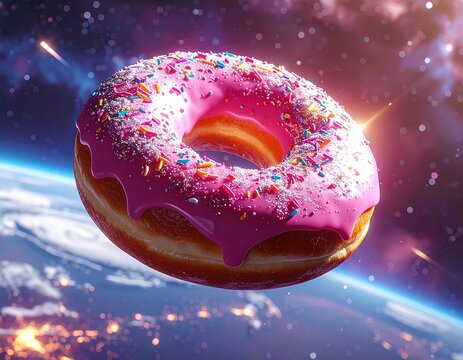 A delicious pink frosted donut with colorful sprinkles floats in outer space, with planet earth visible in the background, creating a surreal and whimsical cosmic scene