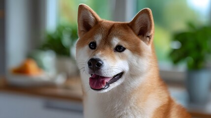 Cheerful and friendly Shiba Inu dog sitting indoors, with a bright and attentive expression, in a natural home environment.