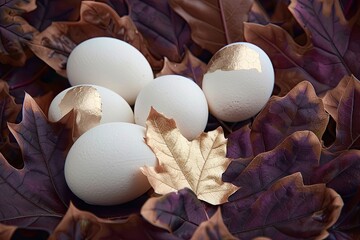 Five white eggs, adorned with gold accents, rest on a bed of deep maroon and brown autumn leaves; a single gold leaf is nestled amongst them