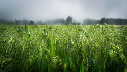 Field Of Oat In A Rainy Day