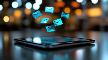 Digital email notifications displayed above a table in a modern workspace environment