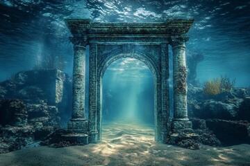 Magical underwater gate emerges from the ocean floor surrounded by ancient ruins and marine life