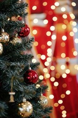 A close-up view of a decorated Christmas tree.