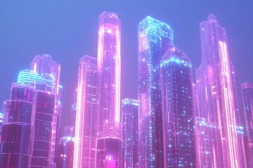Obraz premium Holographic cityscape featuring towering glass skyscrapers illuminated in a futuristic urban setting