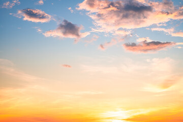 Beautiful , luxury soft gradient orange gold clouds and sunlight on the blue sky perfect for the background, take in evening,Twilight, Large size, high definition landscape photo