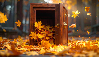Financial Surrealism: Golden Autumn Leaves Spilling from Mahogany Safe Deposit Box