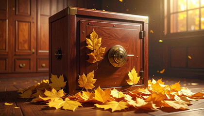 Financial Surrealism: Golden Autumn Leaves Spilling from Mahogany Safe Deposit Box