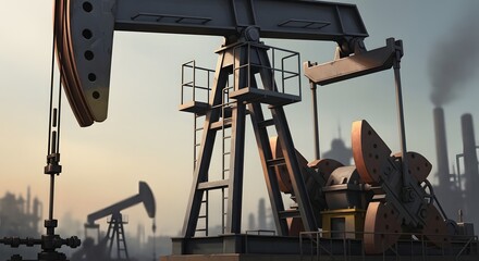 Oil pump jacks in an industrial landscape, extracting crude oil from the ground.