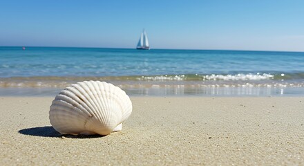 Obraz premium Seashell on sandy beach with calm ocean and sailboat in the distance