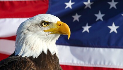 Bald eagle in foreground with American flag in background—evoking strength, freedom, and the symbolic choreography of patriotism, vigilance, and national identity.