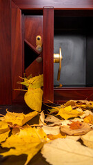 Financial Surrealism: Golden Autumn Leaves Spilling from Mahogany Safe Deposit Box