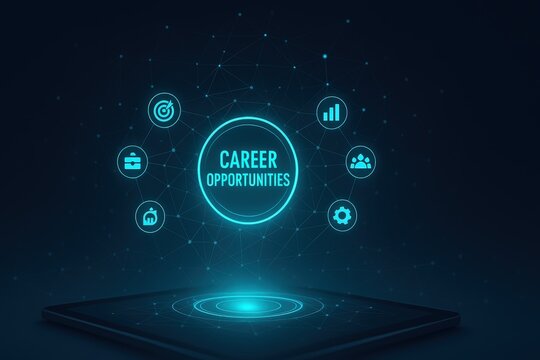 Digital interface displays the text "Career Opportunities" surrounded by business related icons such as a target, briefcase, graph, people, settings and a timer, presented on a digital tablet,...