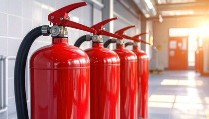 Four red fire extinguishers lined up in sunlit indoor space with tiled wall and garage door—evoking readiness, order, and the industrial choreography of safety, vigilance, and calm control.