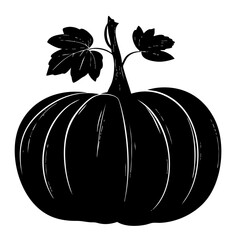 Black silhouette of a pumpkin with curved segments and leaves, autumn harvest and Halloween design