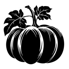 Black silhouette of a pumpkin with curved segments and leaves, autumn harvest and Halloween design