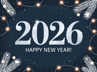 Festive new year 2026 graphic illustration with twinkling lights and pine branches scalable vector silhouette