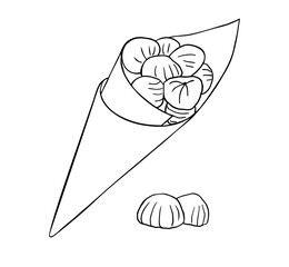 Roasting peeled chestnuts in a paper cone cup line art
