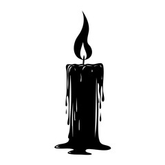 Silhouette of burning candle with dripping wax isolated on white background