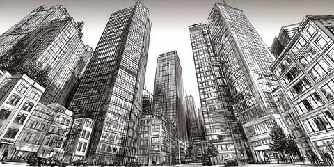 Urban skyline of skyscrapers with modern architecture and buildings, black and white
