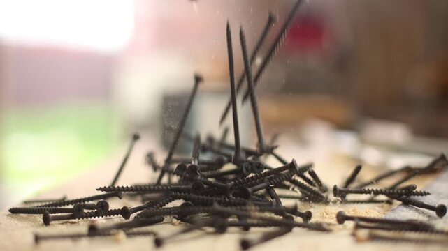 A close up of a woodworking shop with a table covered in sawdust