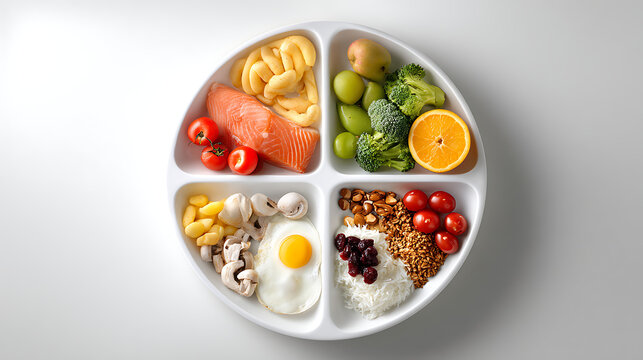 Balanced diet plate with healthy food isolated on white background