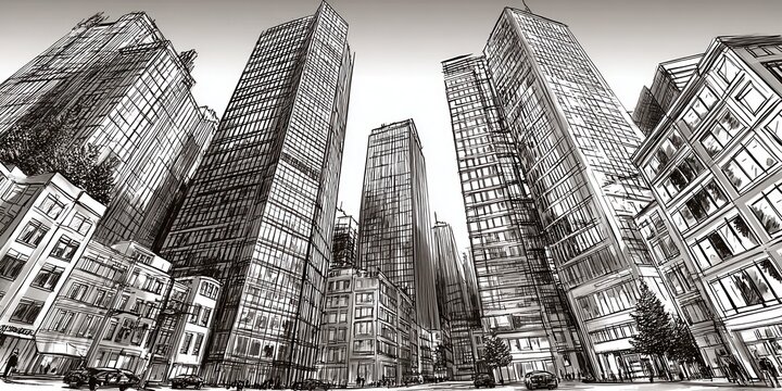 Urban skyline of skyscrapers with modern architecture and buildings, black and white