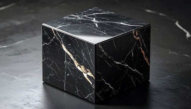 Polished black marble cube on dark surface - Powered by Adobe
