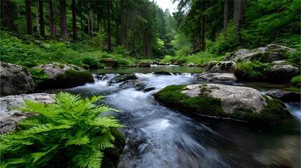 Obraz premium A tranquil forest stream meandering through a lush, green landscape filled with moss-covered rocks and vibrant ferns