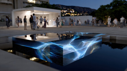 A stunning illuminated cube reflects vibrant blue visuals on water, capturing the essence of modern art in a lively urban setting filled with people enjoying the ambiance.