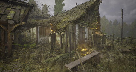 In a secluded forest, a dilapidated hut with a moss covered roof stands amid tall trees. Lanterns flicker, casting an eerie glow in the gloomy atmosphere.