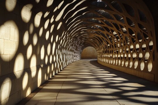 Exploration of light and shadow in a curving tunnel at midday