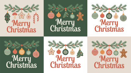 Festive christmas ornament collection with garland and merry christmas text vector illustration silhouette