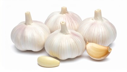 Three garlic bulbs and four separated cloves on white surface—evoking pungency, texture, and the earthy choreography of flavor, tradition, and culinary simplicity.