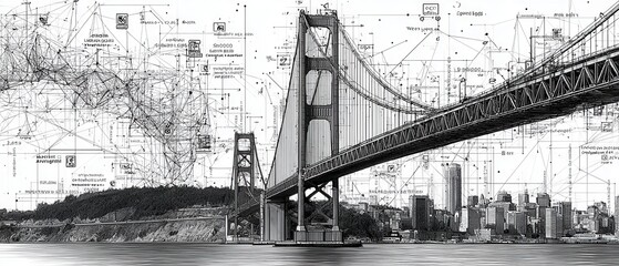 Fototapeta premium Iconic bridge and cityscape, blending architecture and design elements in a monochrome composition